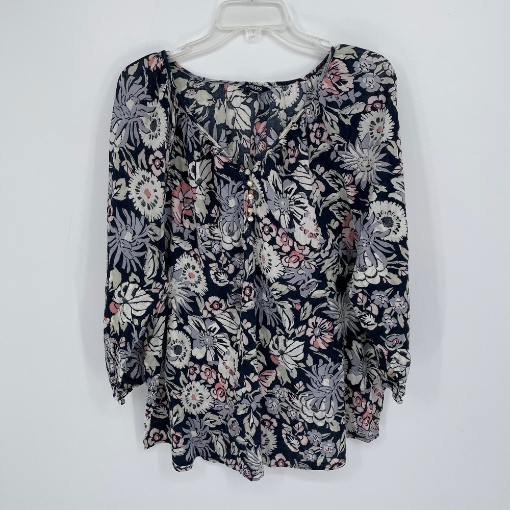 Chaps Women's Navy‎ Floral 3/4 Sleeve Henley Peasant Boho Top Blouse Size XL